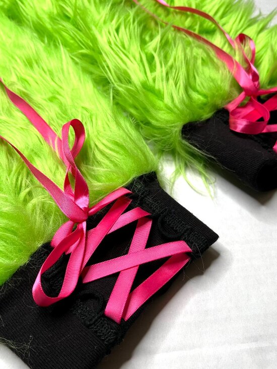 Hand Crafted Accessories - Neon Green Fur Leg Warmers Flared Boot Covers Corset Legwarmers Monster Costume